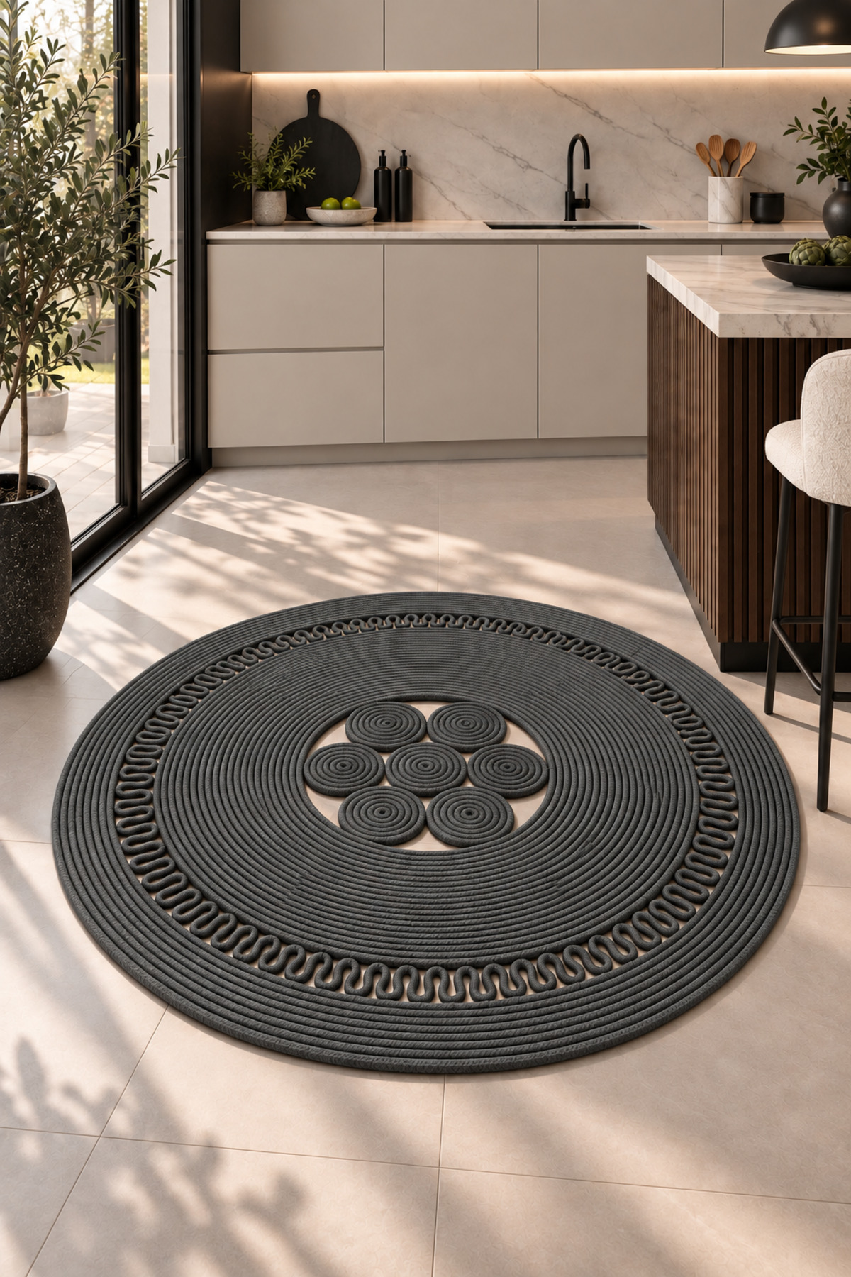 Arenza Doğal Hasır Jüt Halat Yuvarlak Kilim El Örgüsü Dekoratif Halı Salon Oturma Odası Yatak Odası Antre Balkon Bohem Jüt Görünümlü Modern Tasarım - Görsel 53