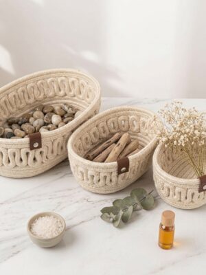 VELONA Oval Set 3’lü Halat Sepet Banyo Organizer Dekoratif Düzenleyici El Yapımı Sepet Seti – görsel 9