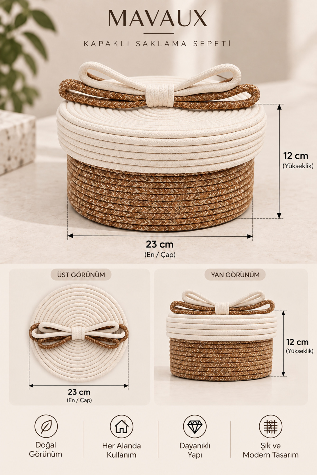 Christmas Hasır Halatlı Dekoratif 12x23 Kapaklı Hasır Halat Sepet Örgü Halat Sepet Organizer Saklama Kutusu Ev Ofis Mutfak Banyo Yatak Odası Çok Amaçlı - Görsel 4