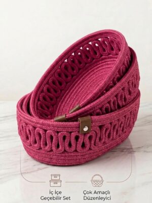 VELONA Oval Set 3’lü Halat Sepet Banyo Organizer Dekoratif Düzenleyici El Yapımı Sepet Seti – fuşya
