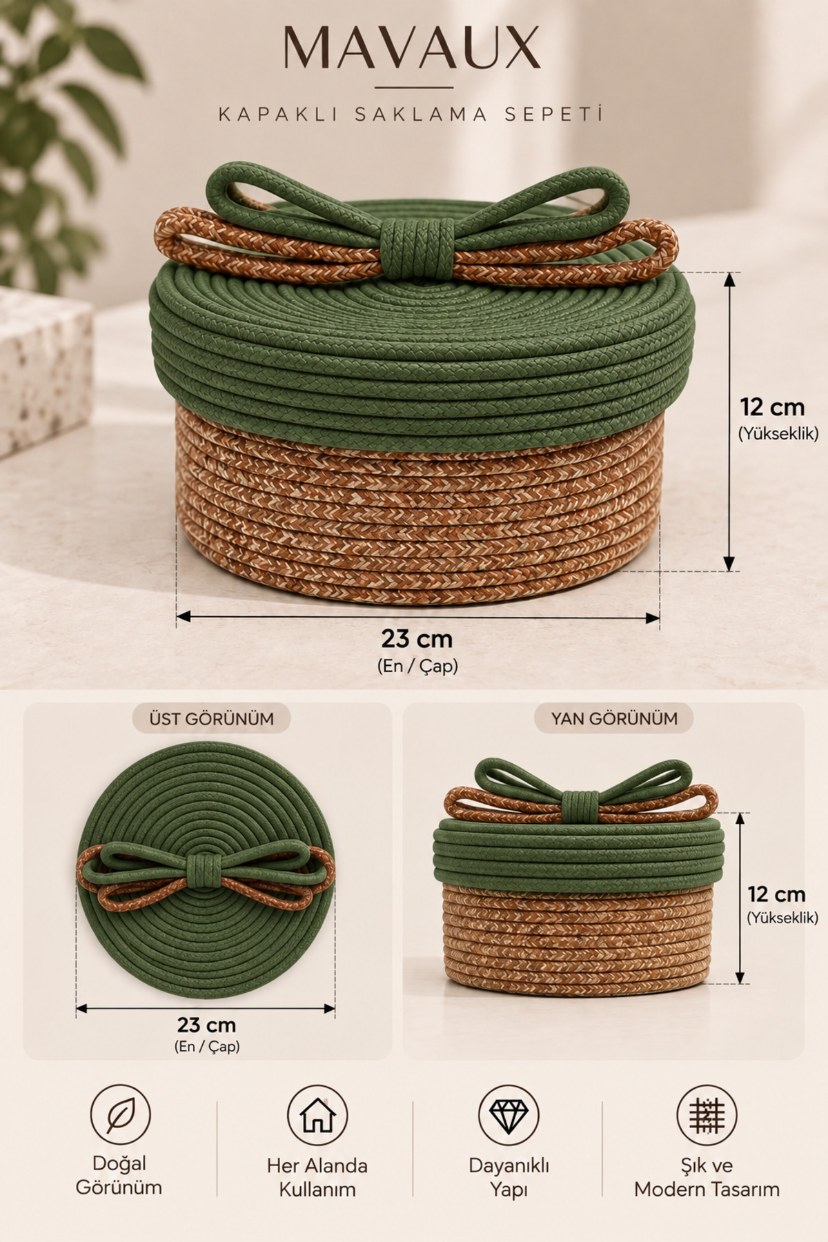 Christmas Hasır Halatlı Dekoratif 12x23 Kapaklı Hasır Halat Sepet Örgü Halat Sepet Organizer Saklama Kutusu Ev Ofis Mutfak Banyo Yatak Odası Çok Amaçlı - Görsel 8