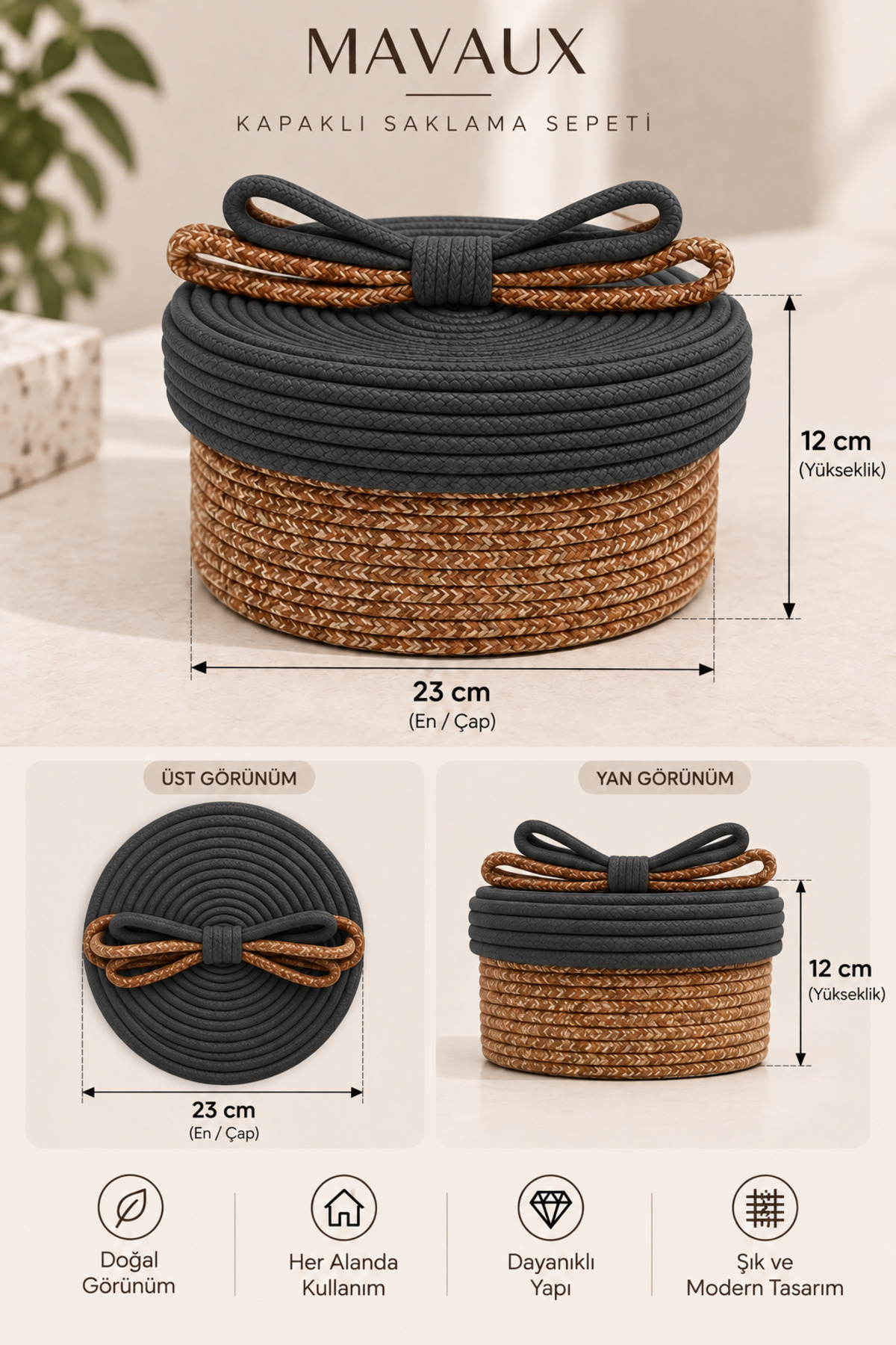 Christmas Hasır Halatlı Dekoratif 12x23 Kapaklı Hasır Halat Sepet Örgü Halat Sepet Organizer Saklama Kutusu Ev Ofis Mutfak Banyo Yatak Odası Çok Amaçlı - Görsel 12
