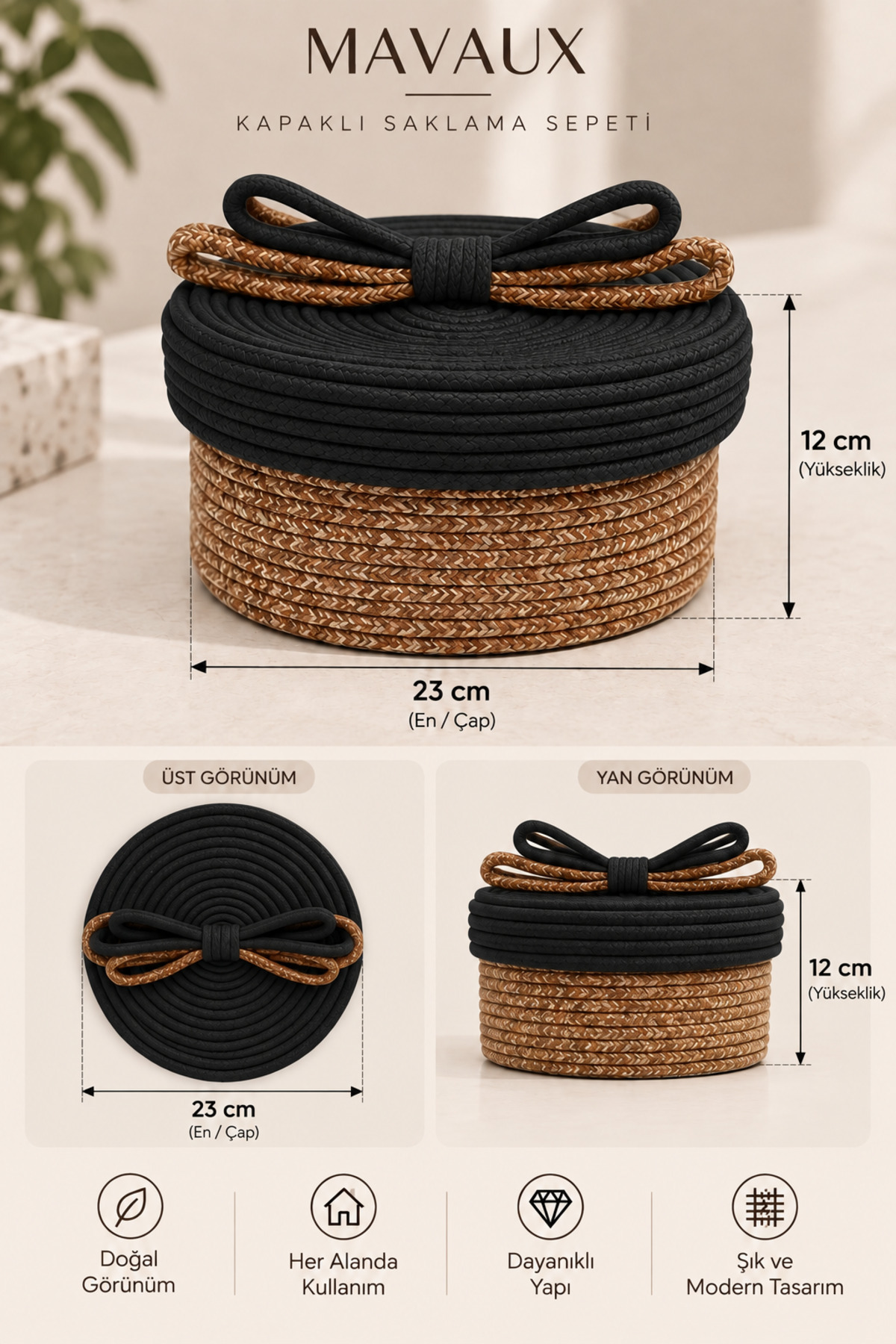 Christmas Hasır Halatlı Dekoratif 12x23 Kapaklı Hasır Halat Sepet Örgü Halat Sepet Organizer Saklama Kutusu Ev Ofis Mutfak Banyo Yatak Odası Çok Amaçlı - Görsel 18