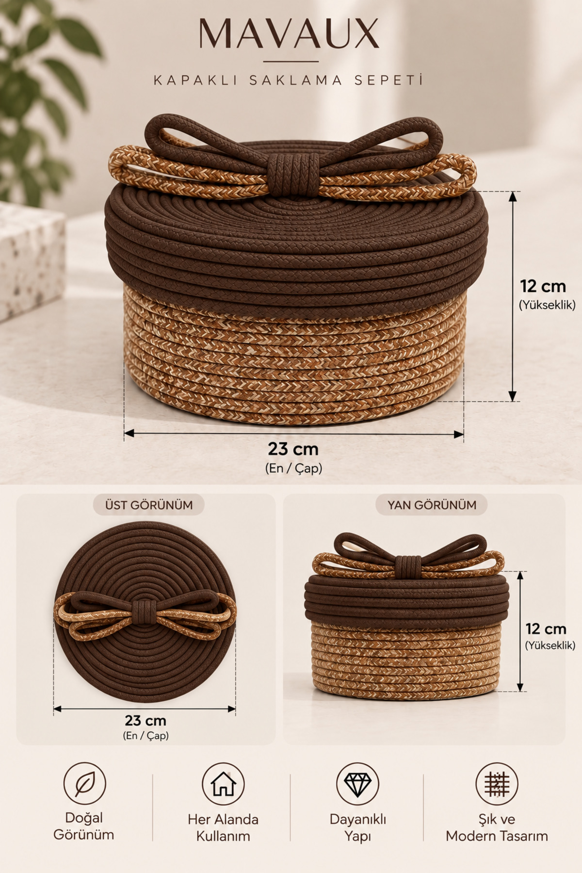 Christmas Hasır Halatlı Dekoratif 12x23 Kapaklı Hasır Halat Sepet Örgü Halat Sepet Organizer Saklama Kutusu Ev Ofis Mutfak Banyo Yatak Odası Çok Amaçlı - Görsel 22