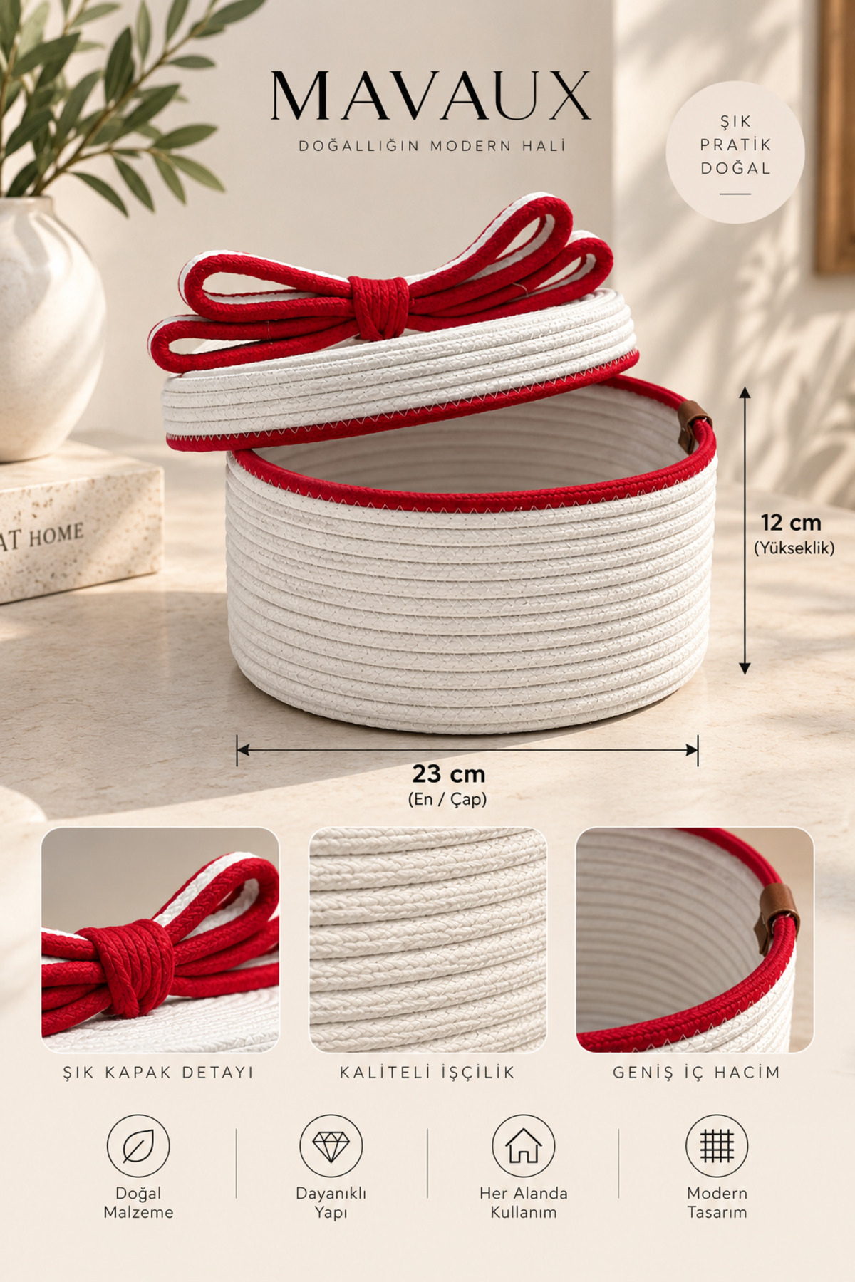 Christmas Hasır Halatlı Dekoratif 12x23 Kapaklı Hasır Halat Sepet Örgü Halat Sepet Organizer Saklama Kutusu Ev Ofis Mutfak Banyo Yatak Odası Çok Amaçlı - Görsel 34