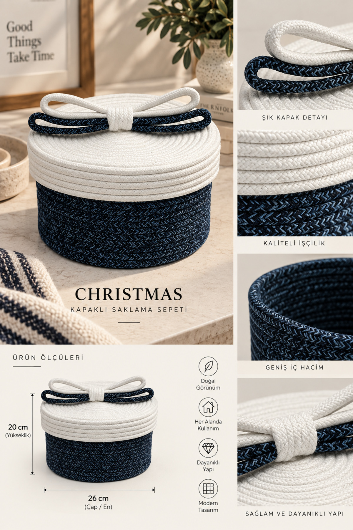 Christmas Hasır Halatlı Dekoratif 12x23 Kapaklı Hasır Halat Sepet Örgü Halat Sepet Organizer Saklama Kutusu Ev Ofis Mutfak Banyo Yatak Odası Çok Amaçlı - Görsel 49