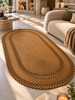 Alessa Doğal Oval Hasır Jüt Kilim Oval Dekoratif Örgü Kilim – Modern Bohem Tasarım, Şık ve Doğal Görünüm, Salon, Mutfak ve Antre Kullanımı Desenli, Dekoratif, Kilim, Salon Çeyizlik, Hediyelik - Görsel 4