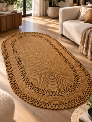 Alessa Doğal Oval Hasır Jüt Kilim Oval Dekoratif Örgü Kilim – Modern Bohem Tasarım, Şık ve Doğal Görünüm, Salon, Mutfak ve Antre Kullanımı Desenli, Dekoratif, Kilim, Salon Çeyizlik, Hediyelik - Görsel 6