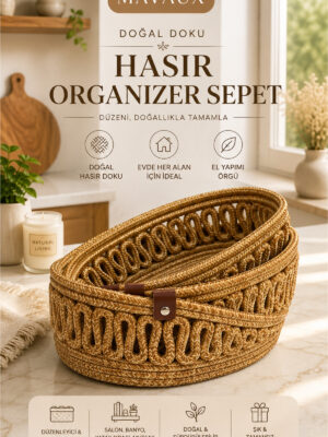 VELONA Oval Set 3’lü Halat Sepet Banyo Organizer Dekoratif Düzenleyici El Yapımı Sepet Seti – HASIR