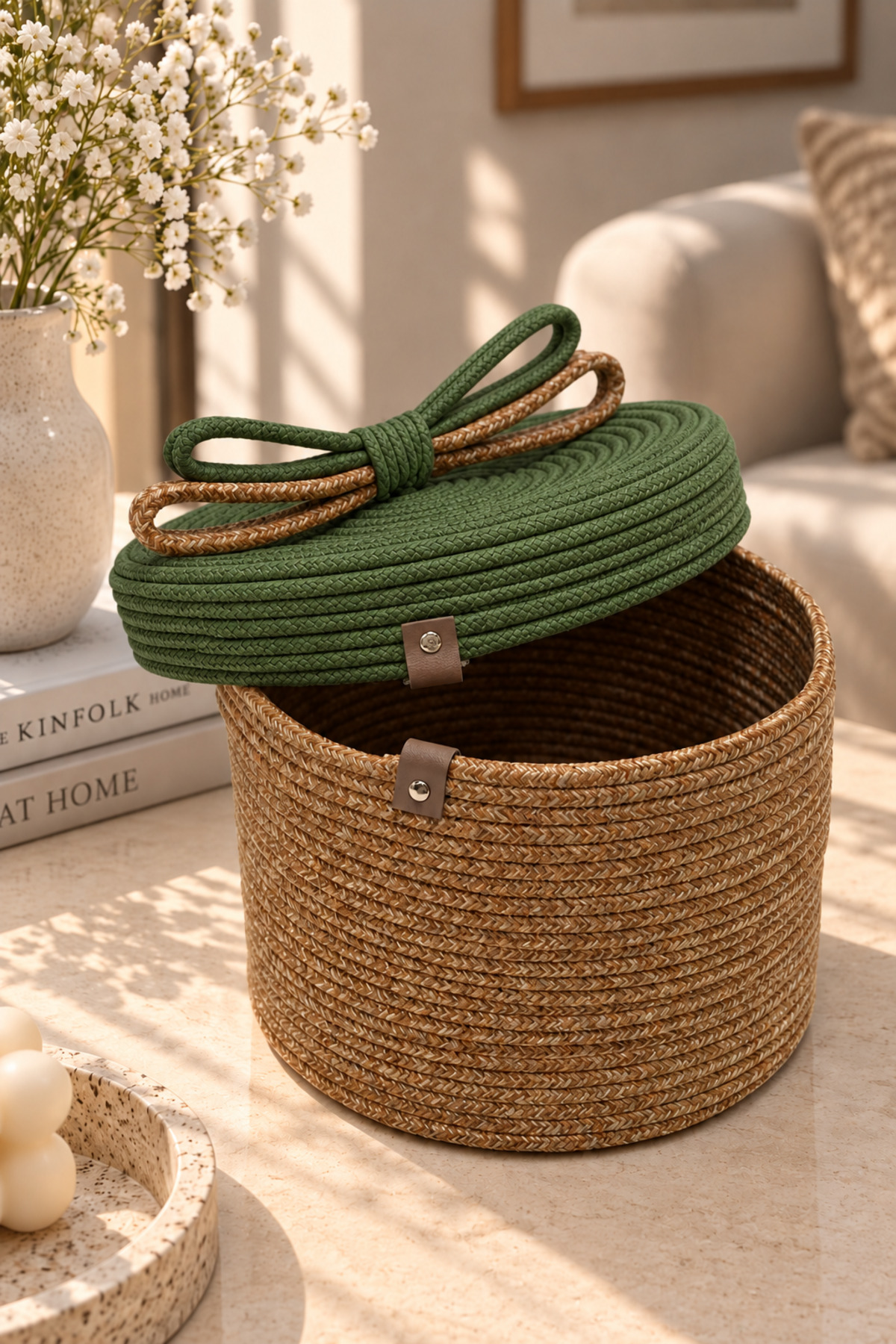 Christmas Hasır Halatlı Dekoratif 20x26 Kapaklı Hasır Halat Sepet Örgü Halat Sepet Organizer Saklama Kutusu Ev Ofis Mutfak Banyo Yatak Odası Çok Amaçlı - Görsel 6
