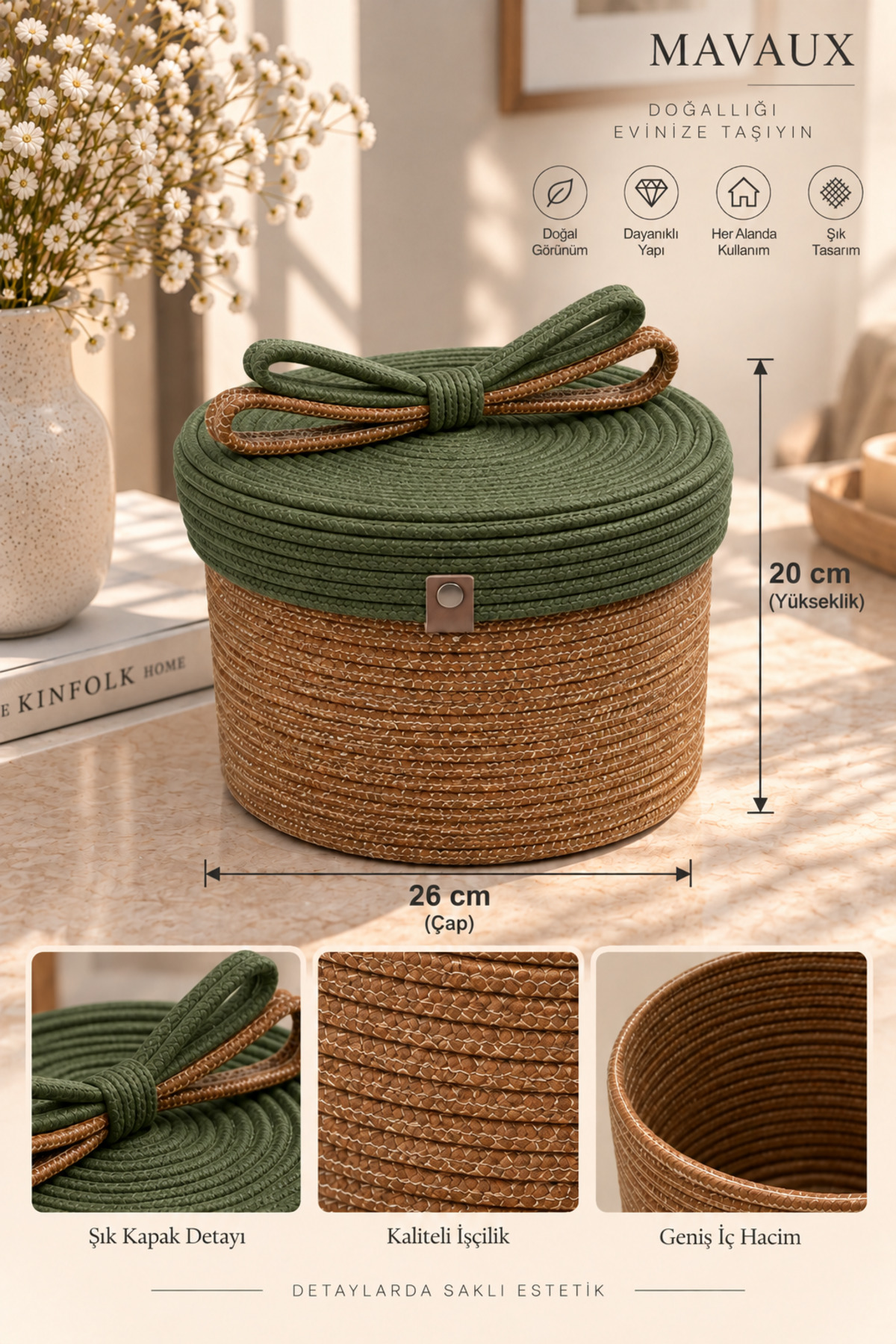 Christmas Hasır Halatlı Dekoratif 20x26 Kapaklı Hasır Halat Sepet Örgü Halat Sepet Organizer Saklama Kutusu Ev Ofis Mutfak Banyo Yatak Odası Çok Amaçlı - Görsel 7