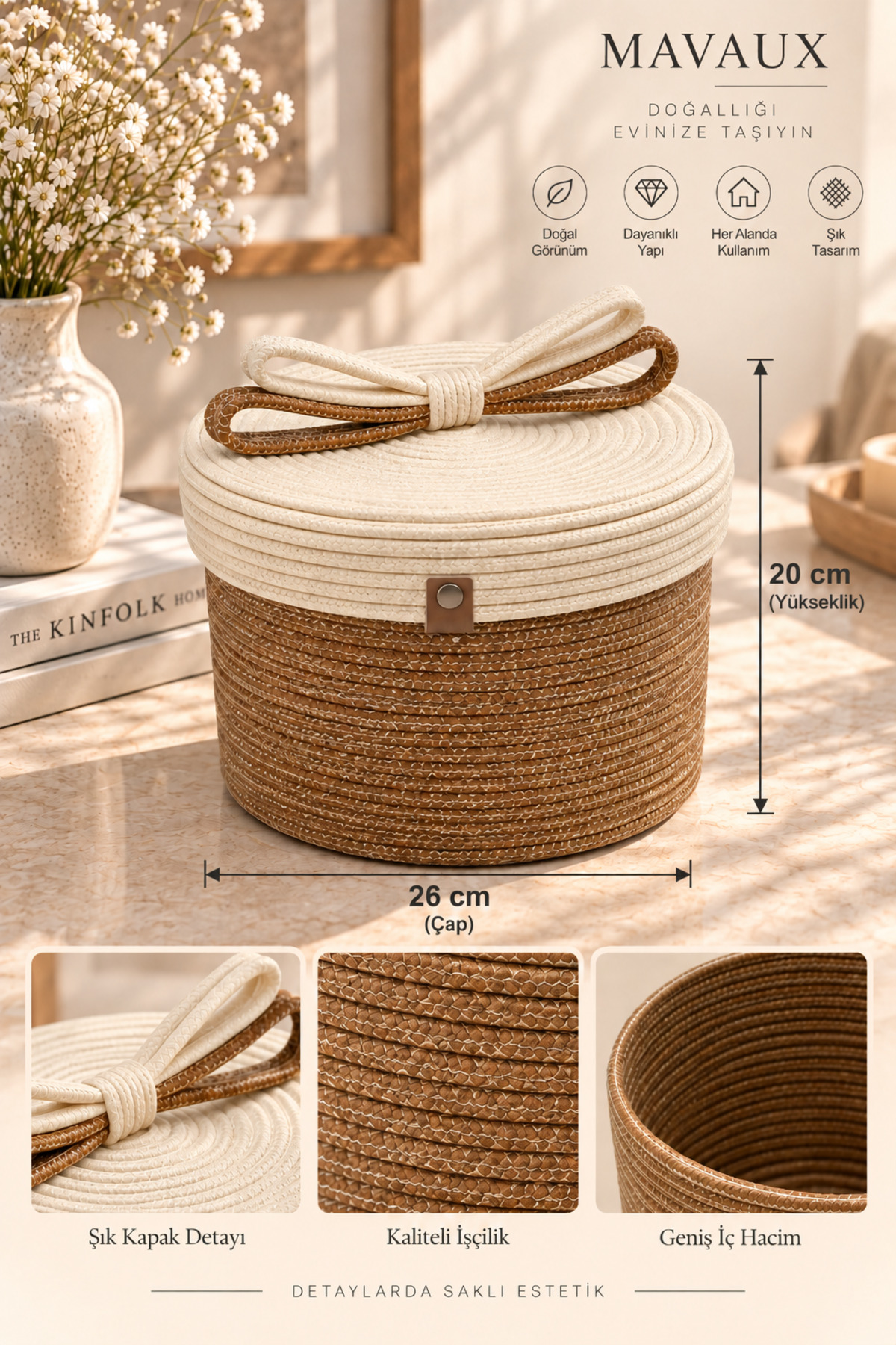 Christmas Hasır Halatlı Dekoratif 20x26 Kapaklı Hasır Halat Sepet Örgü Halat Sepet Organizer Saklama Kutusu Ev Ofis Mutfak Banyo Yatak Odası Çok Amaçlı - Görsel 18