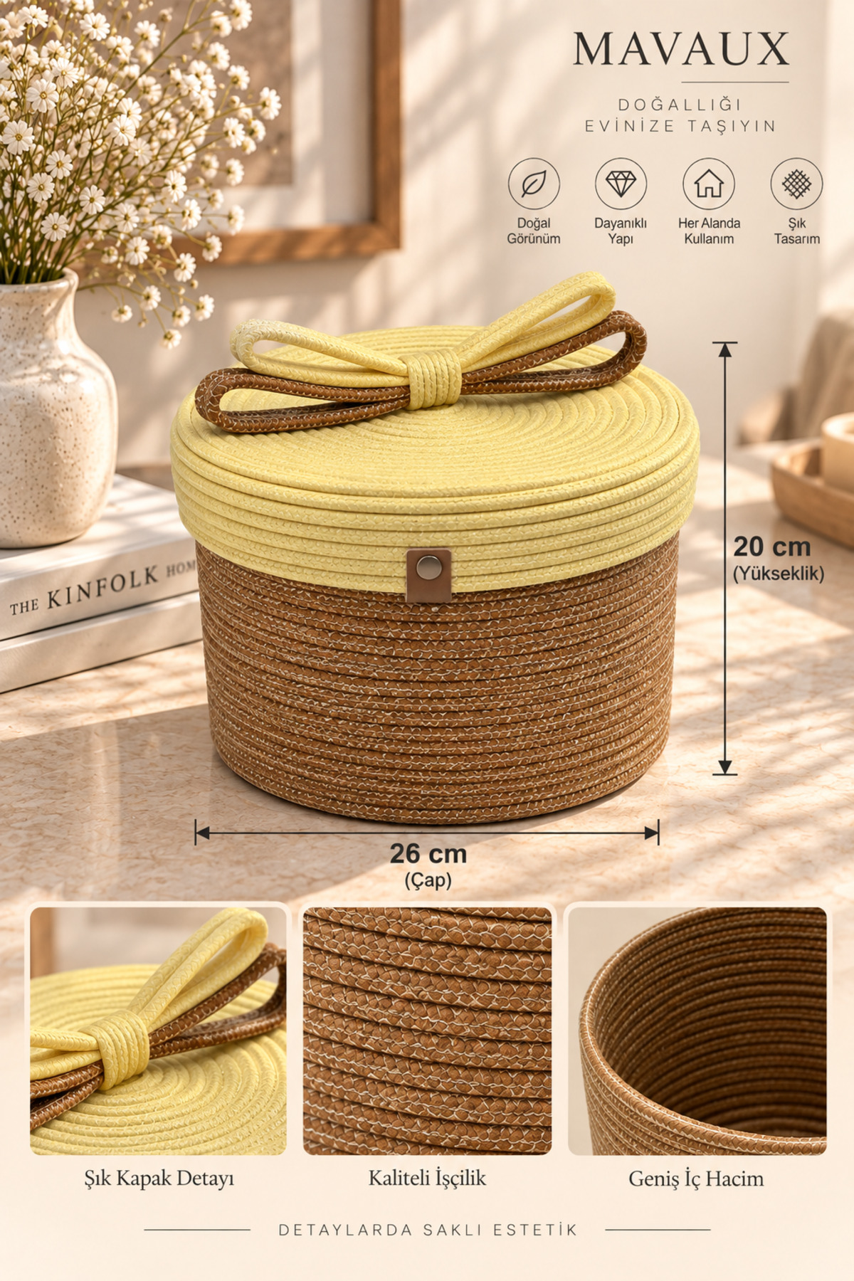 Christmas Hasır Halatlı Dekoratif 20x26 Kapaklı Hasır Halat Sepet Örgü Halat Sepet Organizer Saklama Kutusu Ev Ofis Mutfak Banyo Yatak Odası Çok Amaçlı - Görsel 25