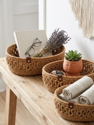 VELONA Oval Set 3’lü Halat Sepet Banyo Organizer Dekoratif Düzenleyici El Yapımı Sepet Seti – görsel 35