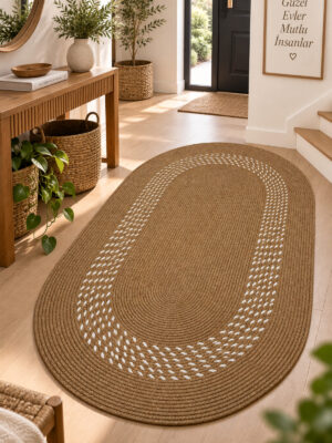 Arden Oval Jüt Kilim Hasır El Dokuma Doğal Hasır Örgü Dekoratif Halı Salon Yatak Odası Antre Mutfak Balkon Teras Bohem Ev Dekorasyonu - Görsel 4