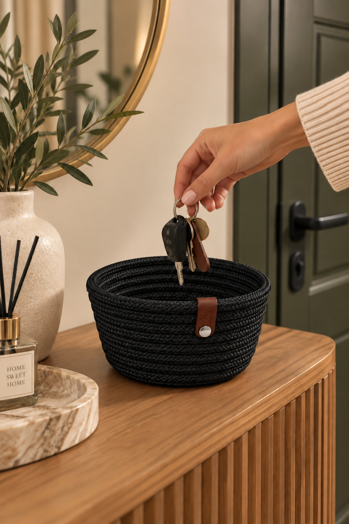 Fleur Dekoratif Hasır Organizer Sepet – Vestiyer, Antre Düzenleyici, Anahtar Kutusu, El Yapımı Örgü Dekoratif Sepet 15x10 cm