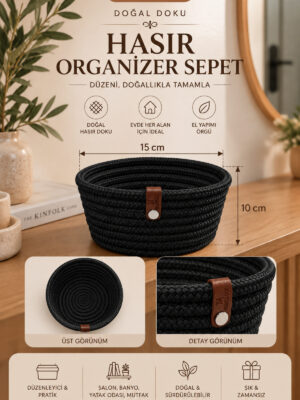 Fleur Dekoratif Hasır Organizer Sepet – Vestiyer, Antre Düzenleyici, Anahtar Kutusu, El Yapımı Örgü Dekoratif Sepet 15x10 cm - Görsel 2