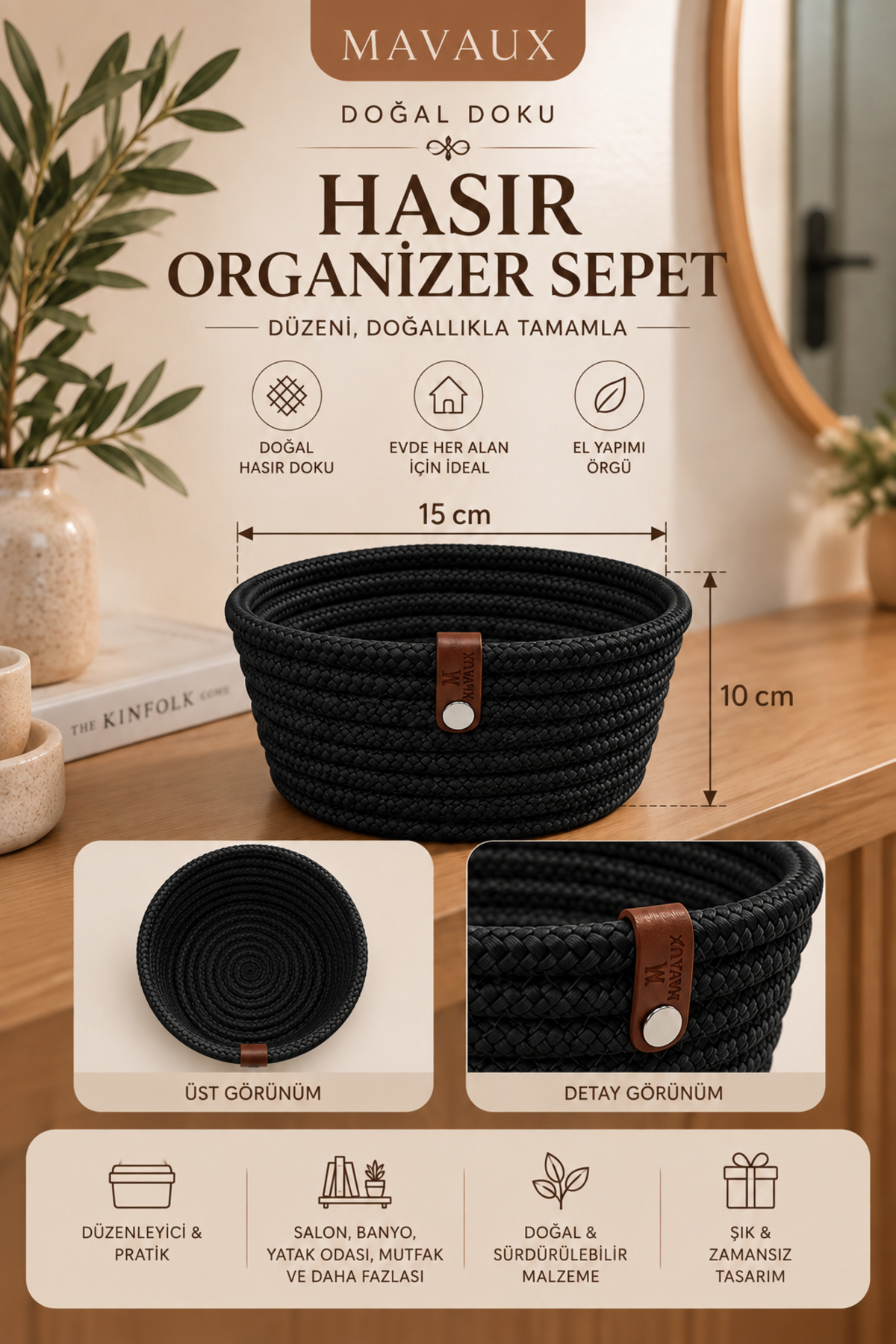 Fleur Dekoratif Hasır Organizer Sepet – Vestiyer, Antre Düzenleyici, Anahtar Kutusu, El Yapımı Örgü Dekoratif Sepet 15x10 cm - Görsel 2