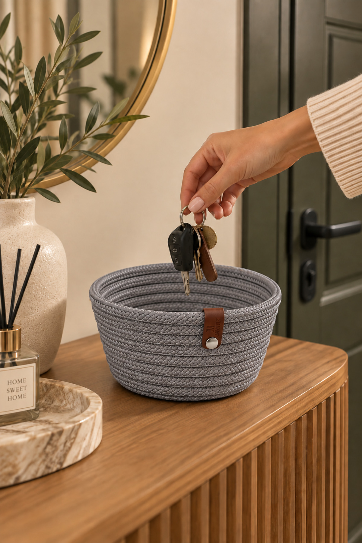 Fleur Dekoratif Hasır Organizer Sepet – Vestiyer, Antre Düzenleyici, Anahtar Kutusu, El Yapımı Örgü Dekoratif Sepet 15x10 cm - Görsel 3