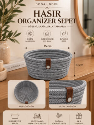 Fleur Dekoratif Hasır Organizer Sepet – Vestiyer, Antre Düzenleyici, Anahtar Kutusu, El Yapımı Örgü Dekoratif Sepet 15x10 cm - Görsel 4