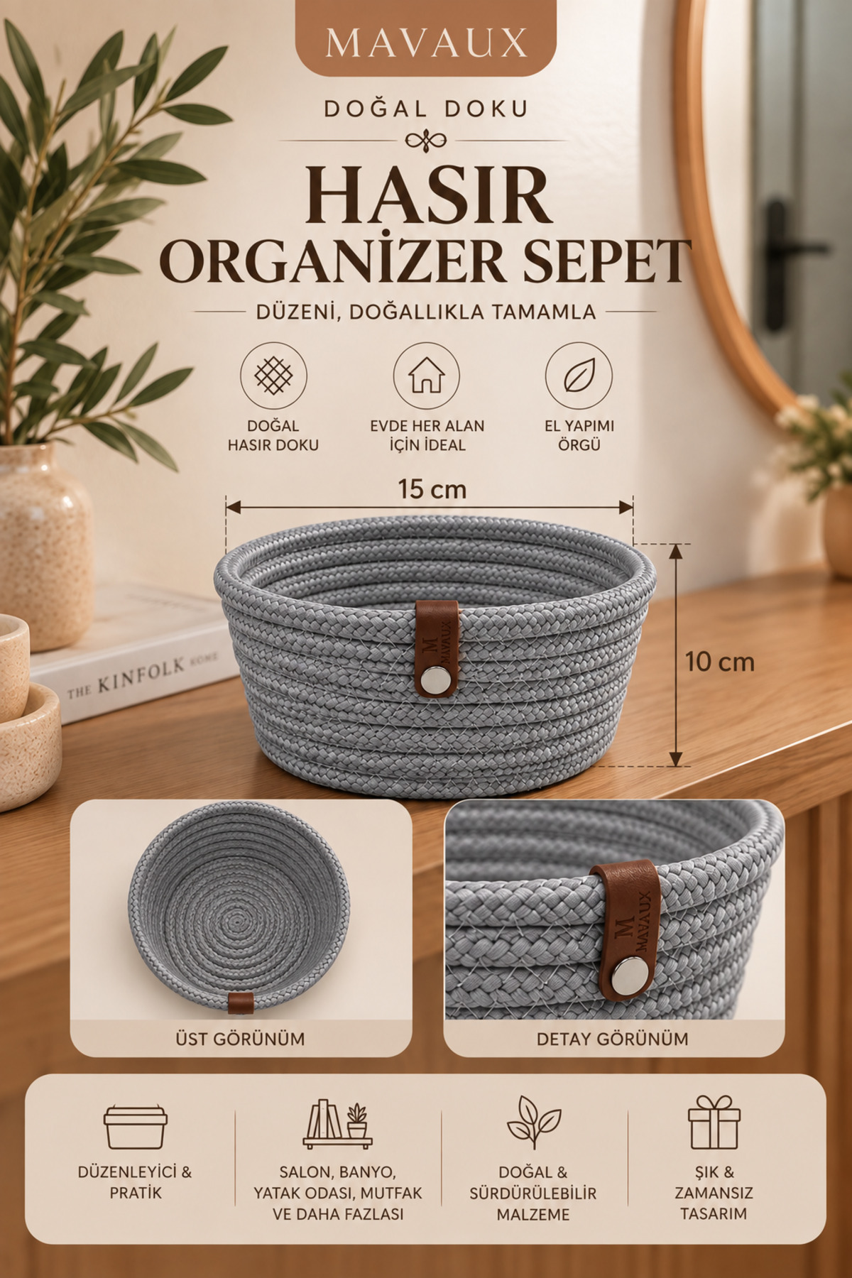 Fleur Dekoratif Hasır Organizer Sepet – Vestiyer, Antre Düzenleyici, Anahtar Kutusu, El Yapımı Örgü Dekoratif Sepet 15x10 cm - Görsel 4