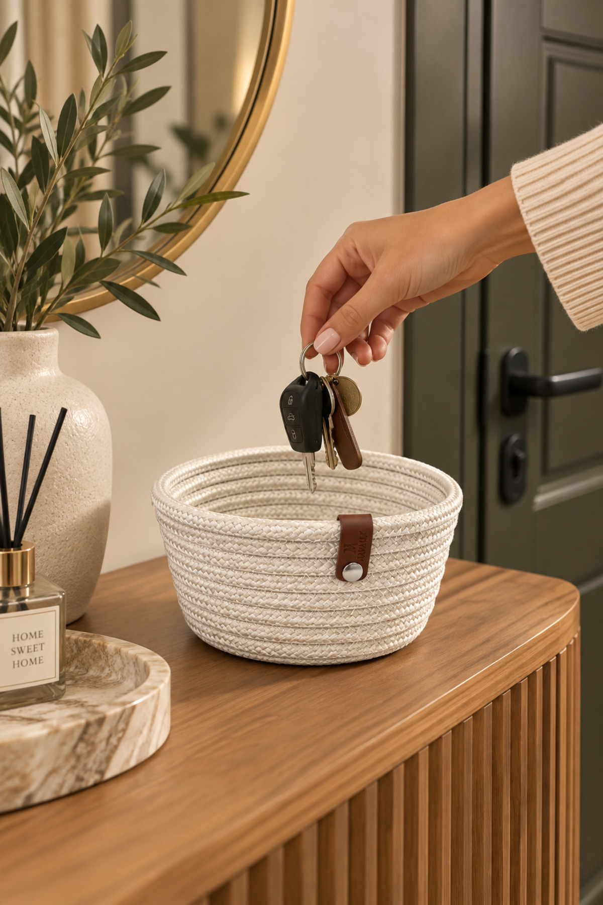 Fleur Dekoratif Hasır Organizer Sepet – Vestiyer, Antre Düzenleyici, Anahtar Kutusu, El Yapımı Örgü Dekoratif Sepet 15x10 cm - Görsel 5