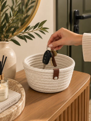 Fleur Dekoratif Hasır Organizer Sepet – Vestiyer, Antre Düzenleyici, Anahtar Kutusu, El Yapımı Örgü Dekoratif Sepet 15x10 cm - Görsel 6
