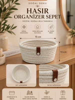 Fleur Dekoratif Hasır Organizer Sepet – Vestiyer, Antre Düzenleyici, Anahtar Kutusu, El Yapımı Örgü Dekoratif Sepet 15x10 cm - Görsel 7