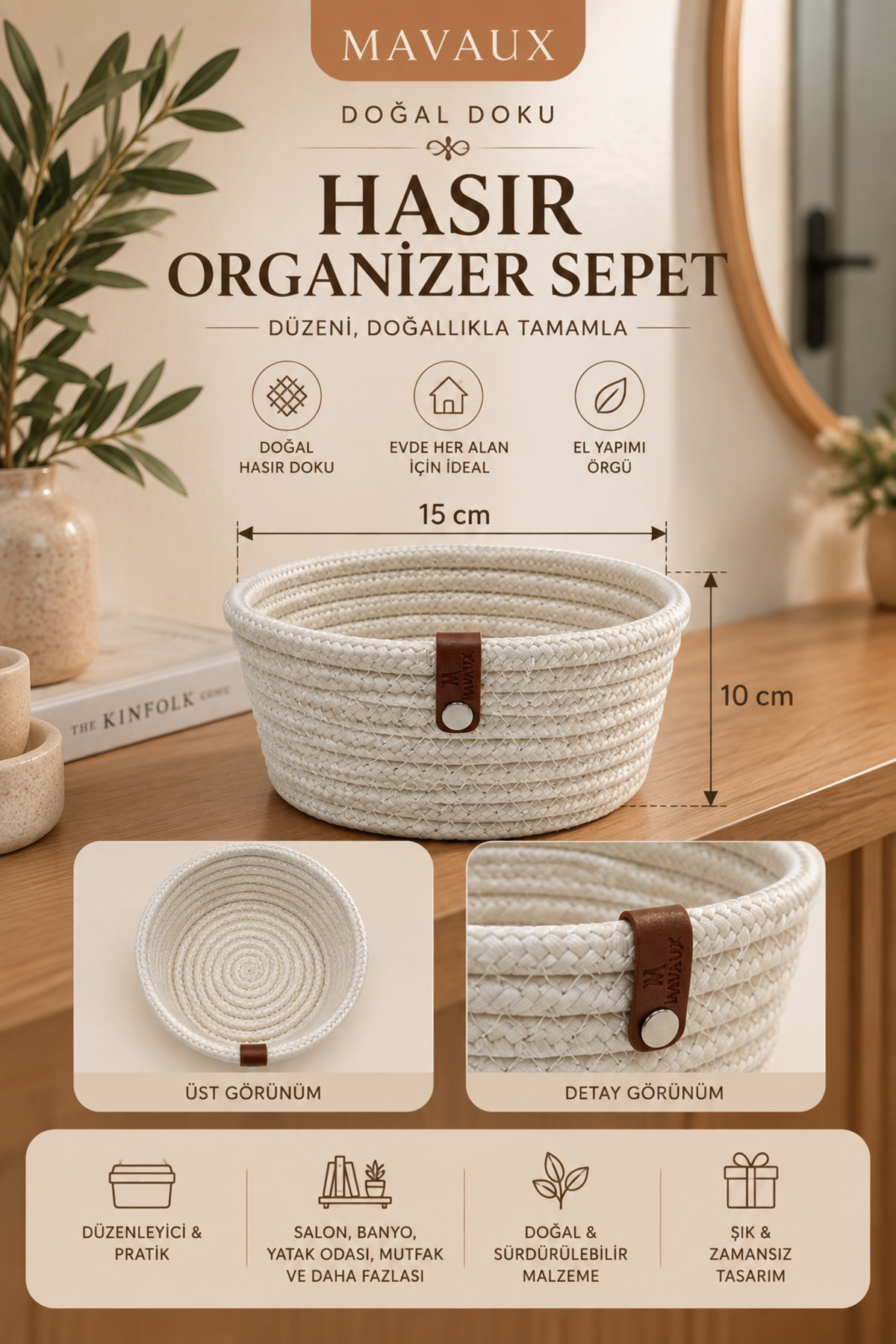 Fleur Dekoratif Hasır Organizer Sepet – Vestiyer, Antre Düzenleyici, Anahtar Kutusu, El Yapımı Örgü Dekoratif Sepet 15x10 cm - Görsel 7