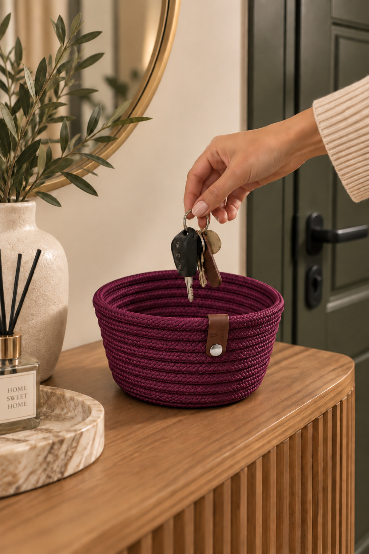 Fleur Dekoratif Hasır Organizer Sepet – Vestiyer, Antre Düzenleyici, Anahtar Kutusu, El Yapımı Örgü Dekoratif Sepet 15x10 cm - Görsel 8