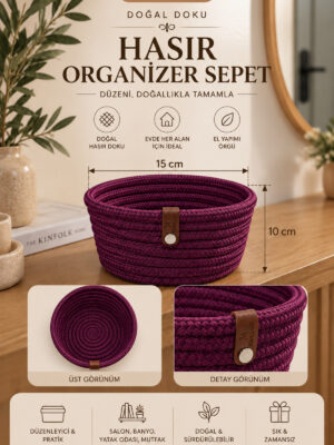 Fleur Dekoratif Hasır Organizer Sepet – Vestiyer, Antre Düzenleyici, Anahtar Kutusu, El Yapımı Örgü Dekoratif Sepet 15x10 cm - Görsel 9