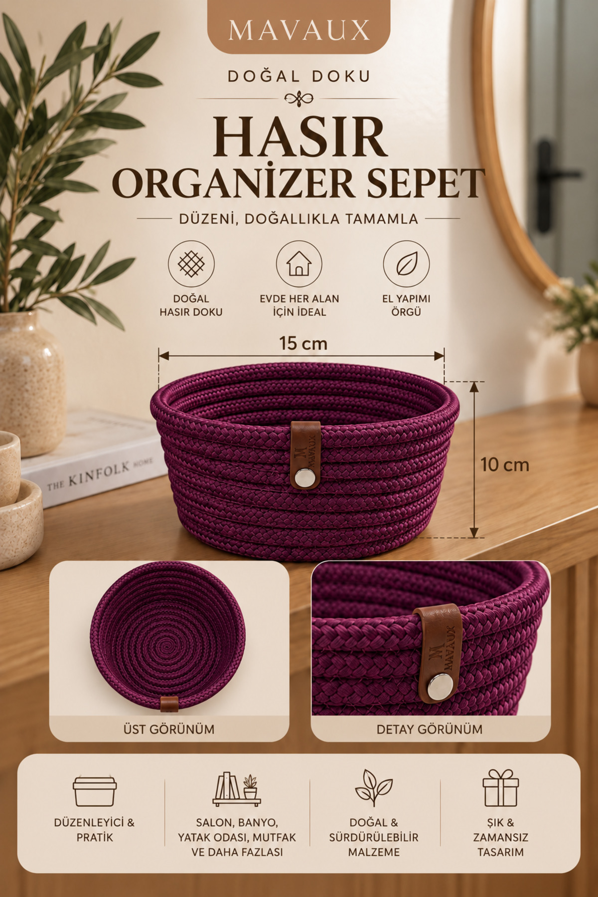 Fleur Dekoratif Hasır Organizer Sepet – Vestiyer, Antre Düzenleyici, Anahtar Kutusu, El Yapımı Örgü Dekoratif Sepet 15x10 cm - Görsel 9