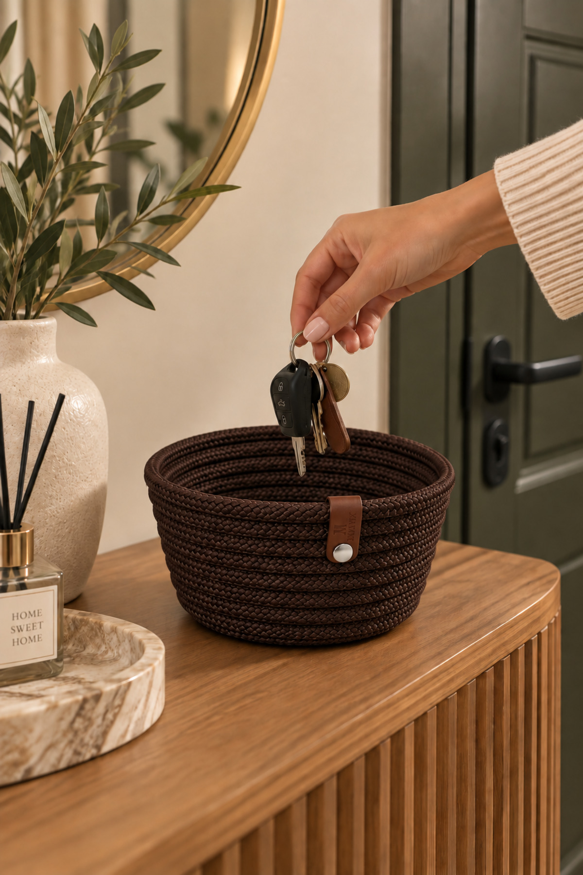 Fleur Dekoratif Hasır Organizer Sepet – Vestiyer, Antre Düzenleyici, Anahtar Kutusu, El Yapımı Örgü Dekoratif Sepet 15x10 cm - Görsel 10