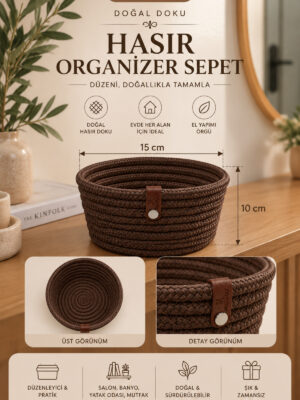 Fleur Dekoratif Hasır Organizer Sepet – Vestiyer, Antre Düzenleyici, Anahtar Kutusu, El Yapımı Örgü Dekoratif Sepet 15x10 cm - Görsel 11