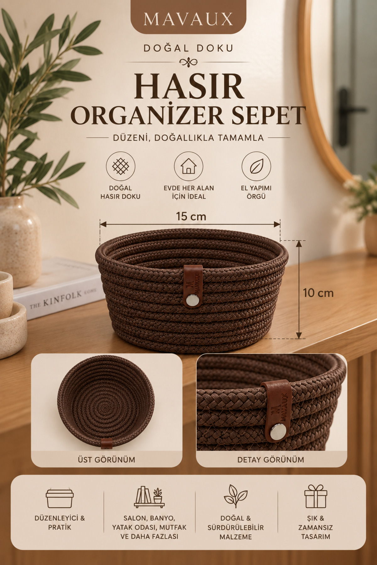 Fleur Dekoratif Hasır Organizer Sepet – Vestiyer, Antre Düzenleyici, Anahtar Kutusu, El Yapımı Örgü Dekoratif Sepet 15x10 cm - Görsel 11