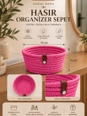 Fleur Dekoratif Hasır Organizer Sepet – Vestiyer, Antre Düzenleyici, Anahtar Kutusu, El Yapımı Örgü Dekoratif Sepet 15x10 cm - Görsel 13