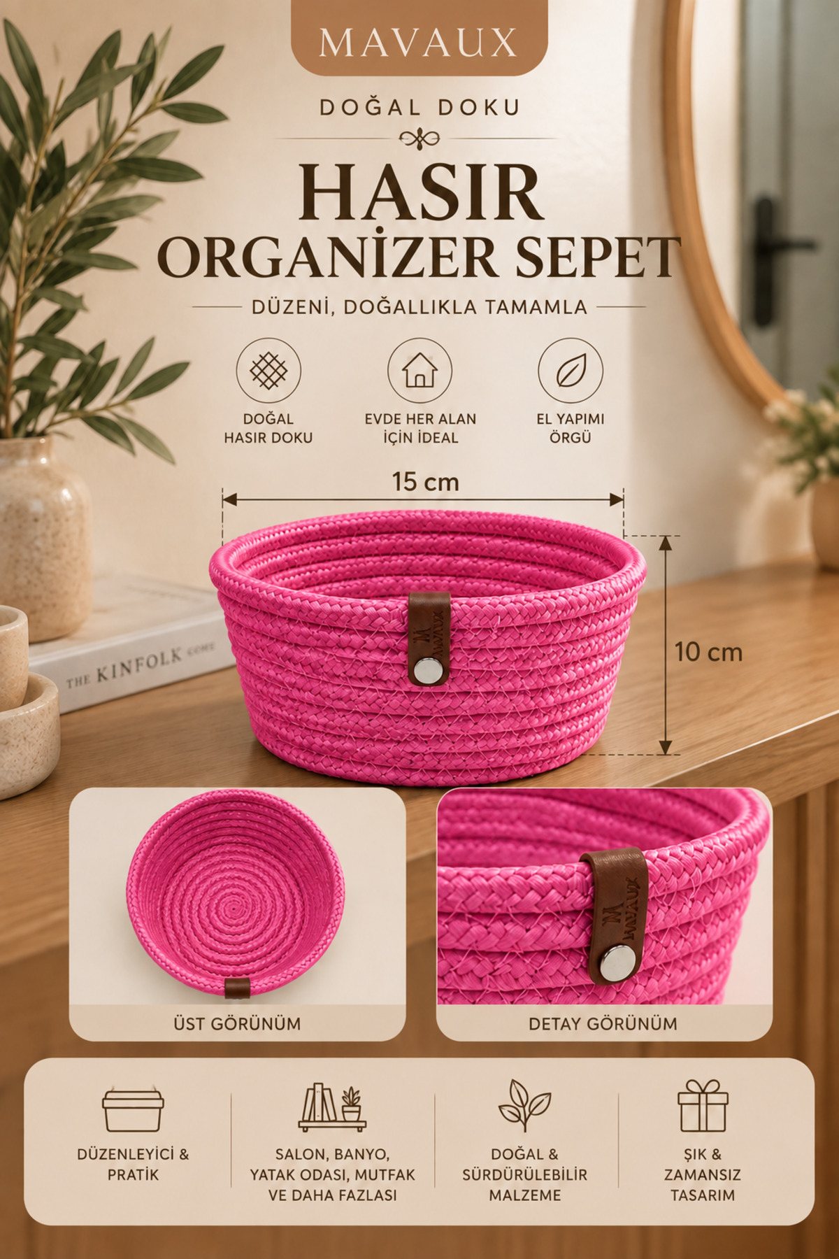 Fleur Dekoratif Hasır Organizer Sepet – Vestiyer, Antre Düzenleyici, Anahtar Kutusu, El Yapımı Örgü Dekoratif Sepet 15x10 cm - Görsel 13