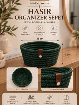 Fleur Dekoratif Hasır Organizer Sepet – Vestiyer, Antre Düzenleyici, Anahtar Kutusu, El Yapımı Örgü Dekoratif Sepet 15x10 cm - Görsel 15