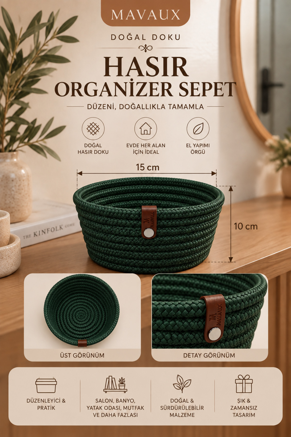 Fleur Dekoratif Hasır Organizer Sepet – Vestiyer, Antre Düzenleyici, Anahtar Kutusu, El Yapımı Örgü Dekoratif Sepet 15x10 cm - Görsel 15