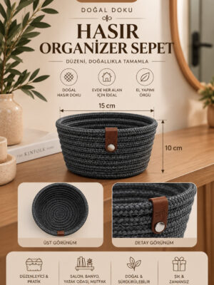 Fleur Dekoratif Hasır Organizer Sepet – Vestiyer, Antre Düzenleyici, Anahtar Kutusu, El Yapımı Örgü Dekoratif Sepet 15x10 cm - Görsel 17