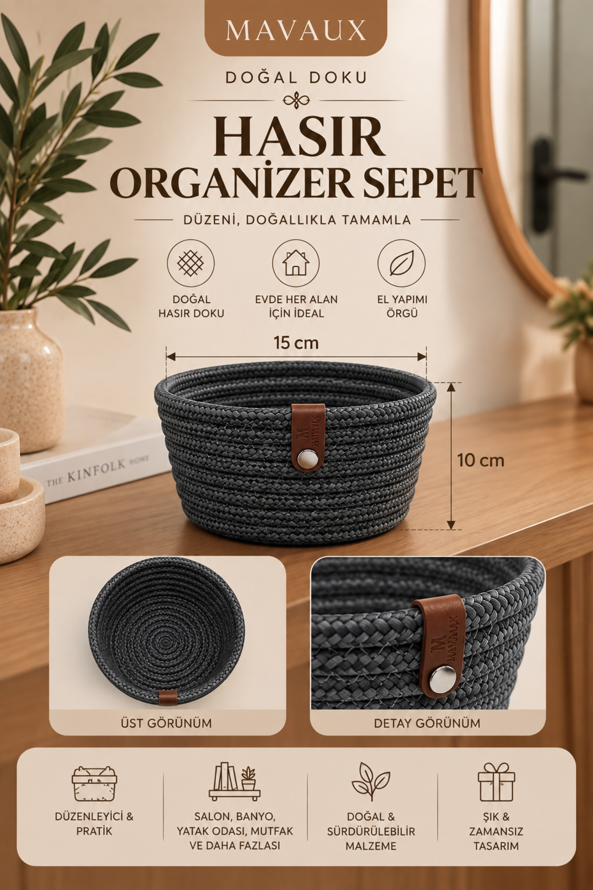 Fleur Dekoratif Hasır Organizer Sepet – Vestiyer, Antre Düzenleyici, Anahtar Kutusu, El Yapımı Örgü Dekoratif Sepet 15x10 cm - Görsel 17