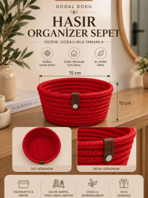 Fleur Dekoratif Hasır Organizer Sepet – Vestiyer, Antre Düzenleyici, Anahtar Kutusu, El Yapımı Örgü Dekoratif Sepet 15x10 cm - Görsel 19