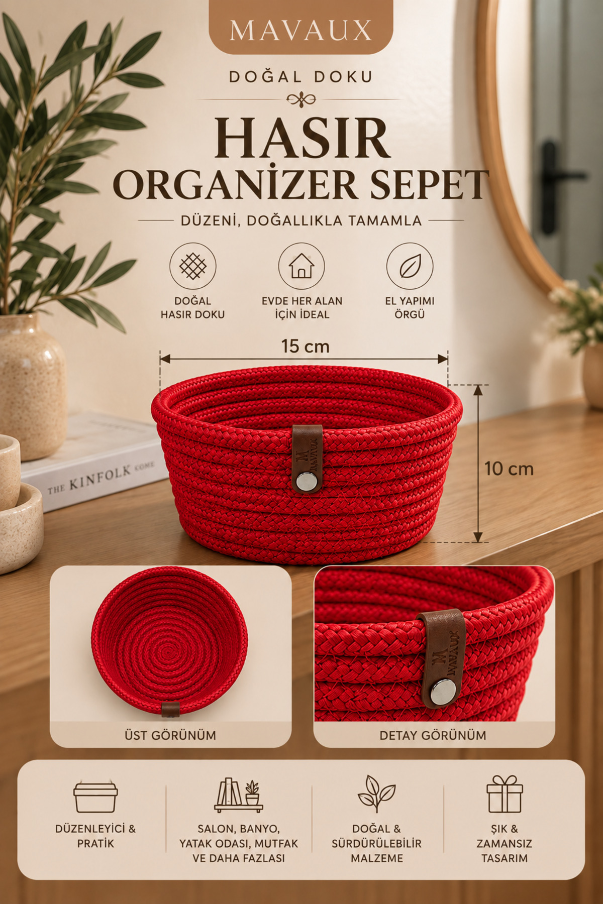 Fleur Dekoratif Hasır Organizer Sepet – Vestiyer, Antre Düzenleyici, Anahtar Kutusu, El Yapımı Örgü Dekoratif Sepet 15x10 cm - Görsel 19