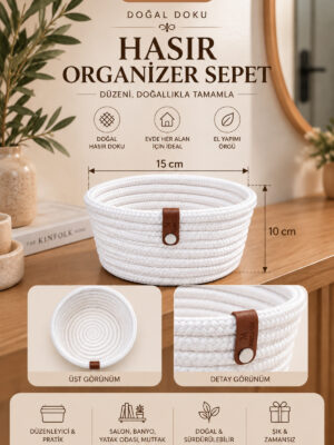 Fleur Dekoratif Hasır Organizer Sepet – Vestiyer, Antre Düzenleyici, Anahtar Kutusu, El Yapımı Örgü Dekoratif Sepet 15x10 cm - Görsel 21