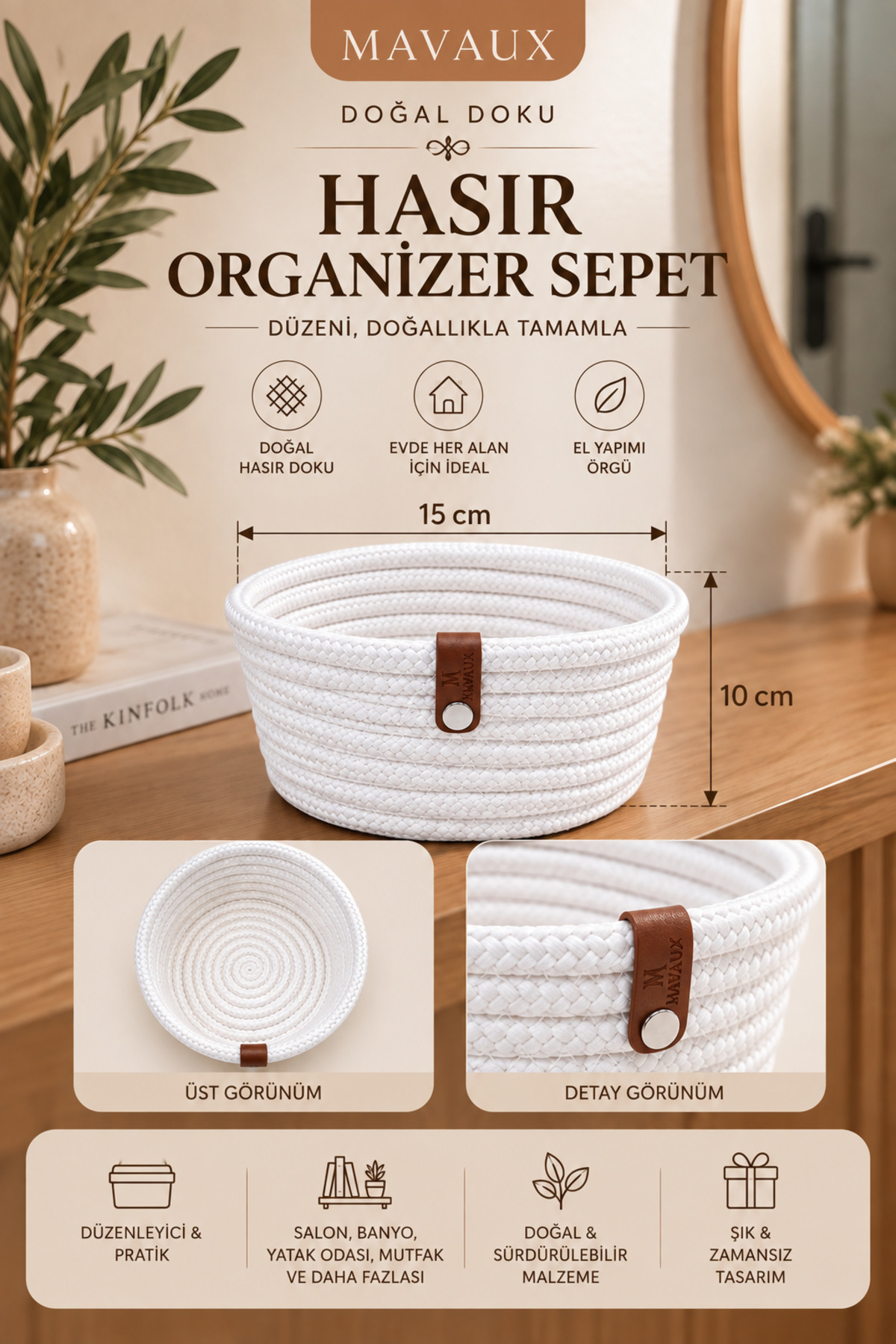 Fleur Dekoratif Hasır Organizer Sepet – Vestiyer, Antre Düzenleyici, Anahtar Kutusu, El Yapımı Örgü Dekoratif Sepet 15x10 cm - Görsel 21