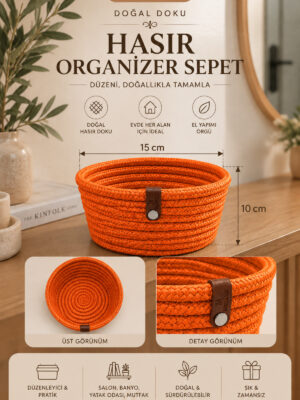 Fleur Dekoratif Hasır Organizer Sepet – Vestiyer, Antre Düzenleyici, Anahtar Kutusu, El Yapımı Örgü Dekoratif Sepet 15x10 cm - Görsel 23