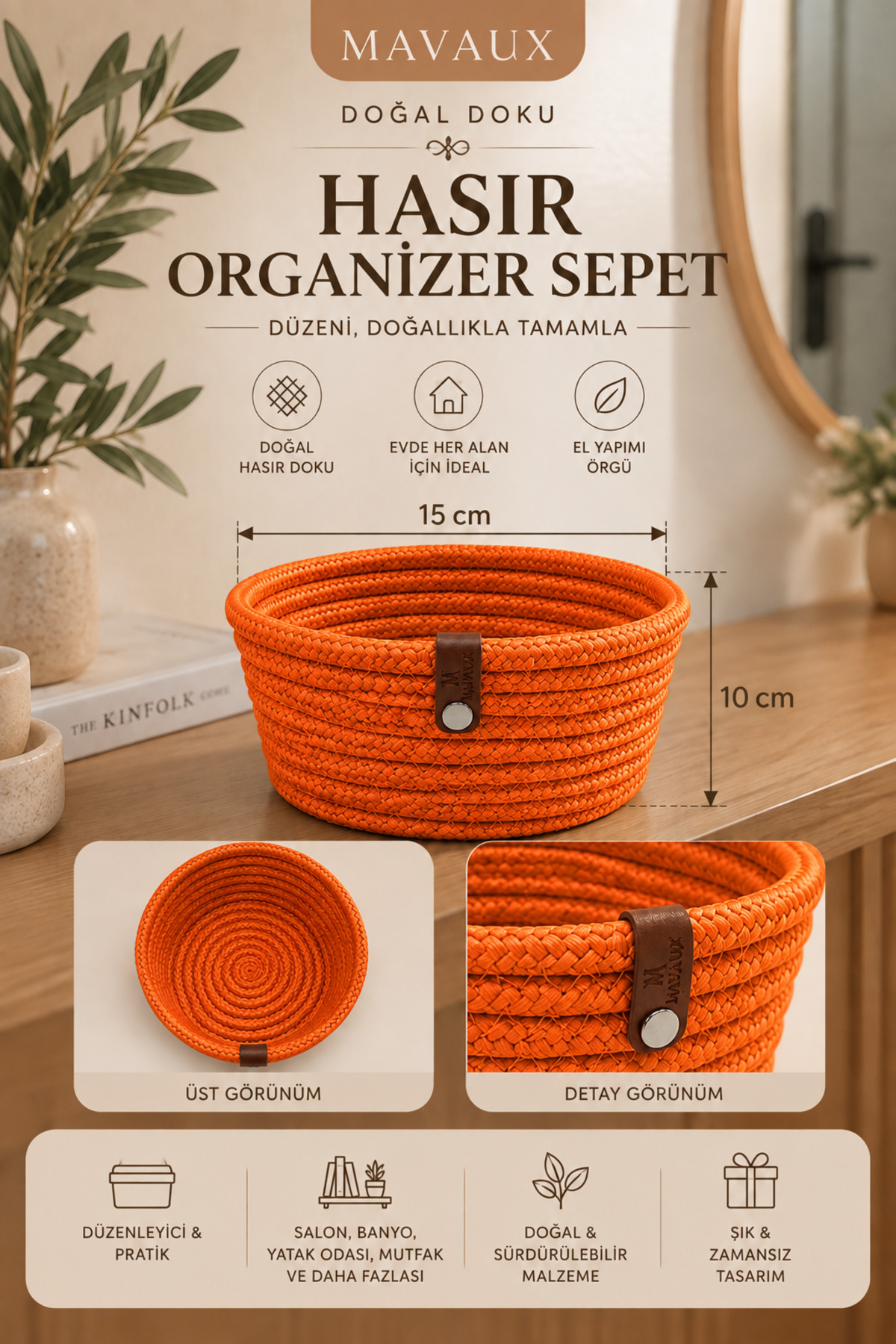 Fleur Dekoratif Hasır Organizer Sepet – Vestiyer, Antre Düzenleyici, Anahtar Kutusu, El Yapımı Örgü Dekoratif Sepet 15x10 cm - Görsel 23