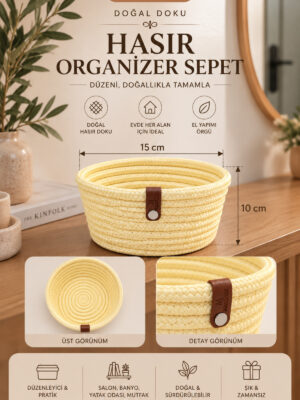 Fleur Dekoratif Hasır Organizer Sepet – Vestiyer, Antre Düzenleyici, Anahtar Kutusu, El Yapımı Örgü Dekoratif Sepet 15x10 cm - Görsel 25