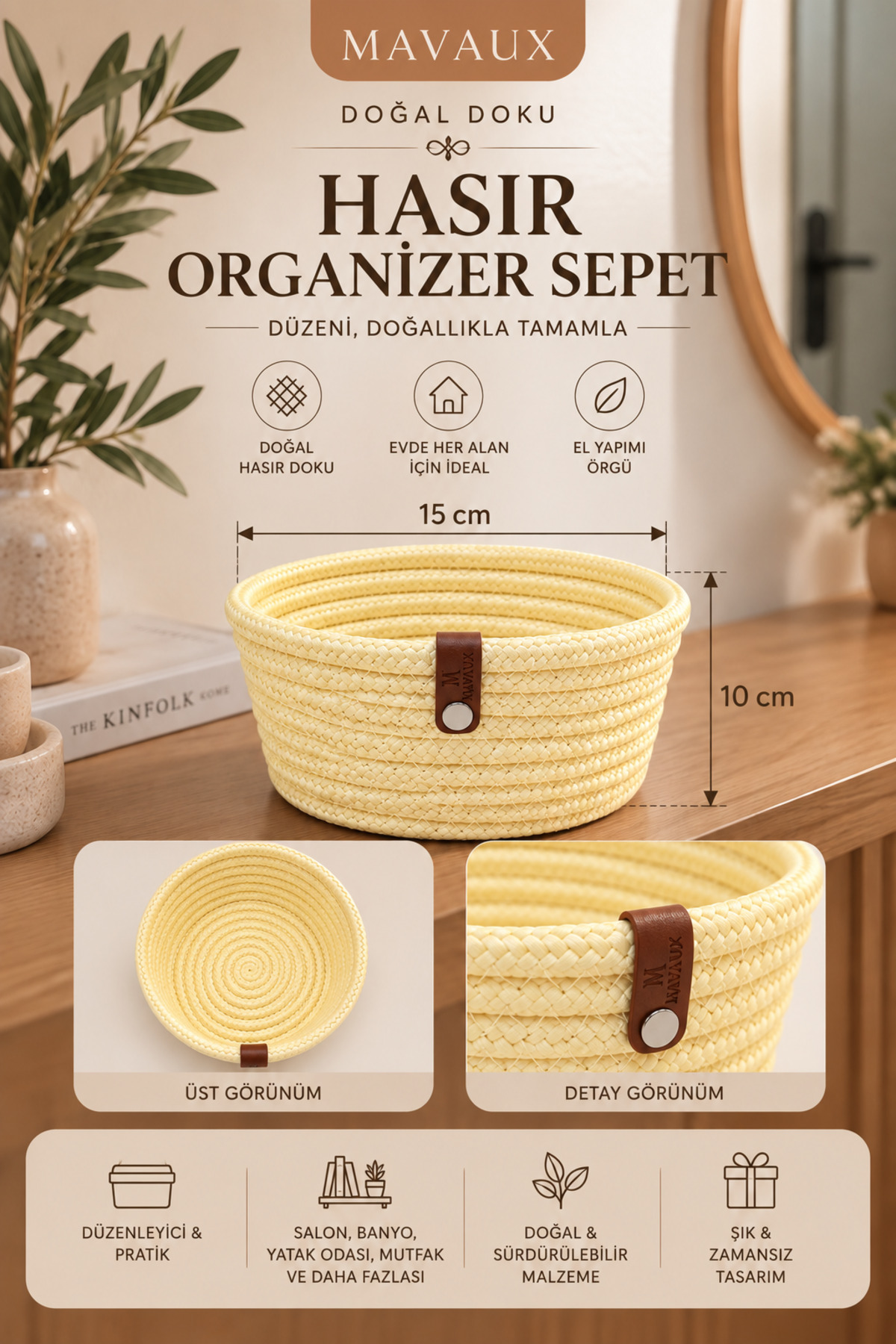 Fleur Dekoratif Hasır Organizer Sepet – Vestiyer, Antre Düzenleyici, Anahtar Kutusu, El Yapımı Örgü Dekoratif Sepet 15x10 cm - Görsel 25