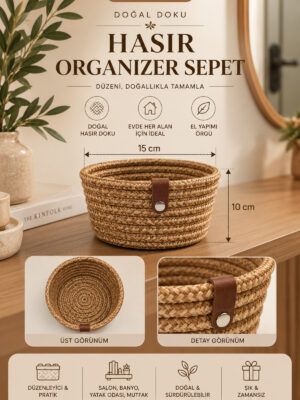 Fleur Dekoratif Hasır Organizer Sepet – Vestiyer, Antre Düzenleyici, Anahtar Kutusu, El Yapımı Örgü Dekoratif Sepet 15x10 cm - Görsel 28